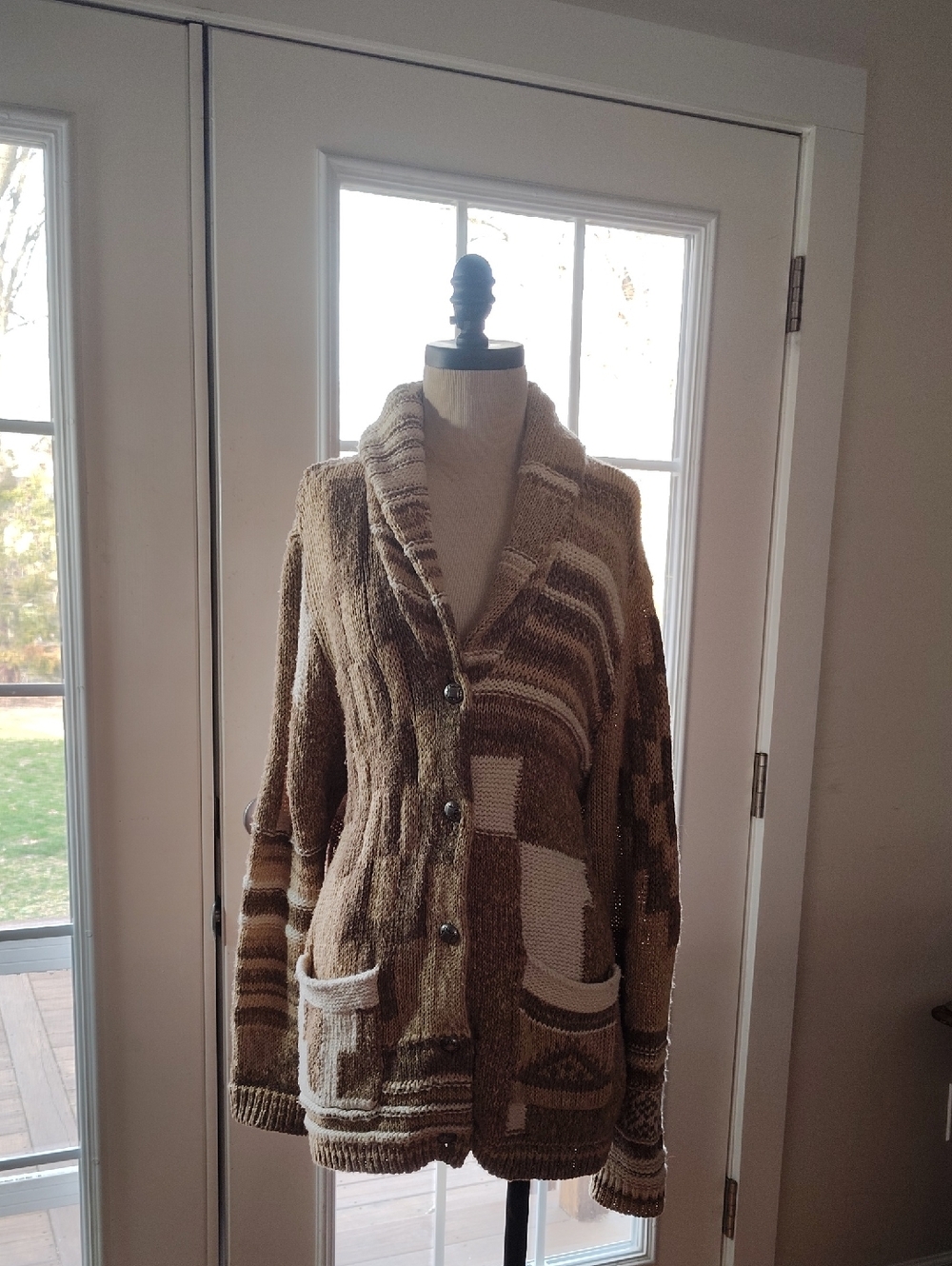 Polo by Ralph Lauren Brown and Cream Patterned Knit Sweater Cardigan